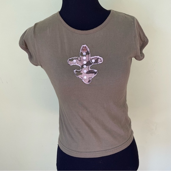 VTG Y2K BASIC EDITIONS OLIVE GREEN FLEUR DE LIS BABY T SHIRT SIZE XS - Picture 1 of 6